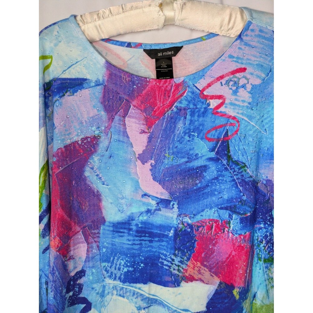ali miles Tunic L Women's Abstract Multi Print 3/4 Sleeve Clear Rhinestones Art - Picture 2 of 8